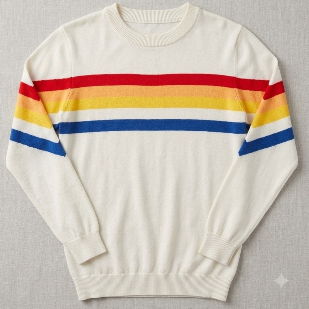 Men's Cream Crewneck Sweater with Rainbow Stripes